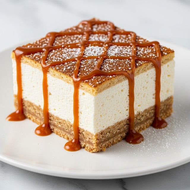 A square slice of dessert with three distinct layers sits on a white plate over a white marbled texture. The bottom layer is a thin, crumbly, light brown crust. The middle layer is thick, fluffy, and creamy white, appearing soft and smooth. The top layer is a thin, golden brown crust with a dusting of light cinnamon powder and a sprinkle of powdered sugar. Drizzled over the top are lines of rich, glossy caramel sauce that slightly drip down the sides of the dessert, pooling on the plate. Photo taken with an iphone --ar 4:5 --v 7