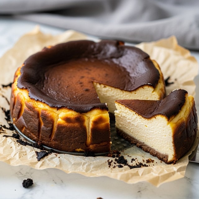 A round cheesecake with one slice cut out, showing a thick creamy white inside layer and a dark brown burnt top layer with a smooth, slightly shiny texture; the sides are golden with charred spots giving a rustic look, all sitting on crumpled beige parchment paper which has dark crumbs and burnt bits around the cake, placed against a background with a soft gray cloth and a white marbled texture underneath. photo taken with an iphone --ar 4:5 --v 7