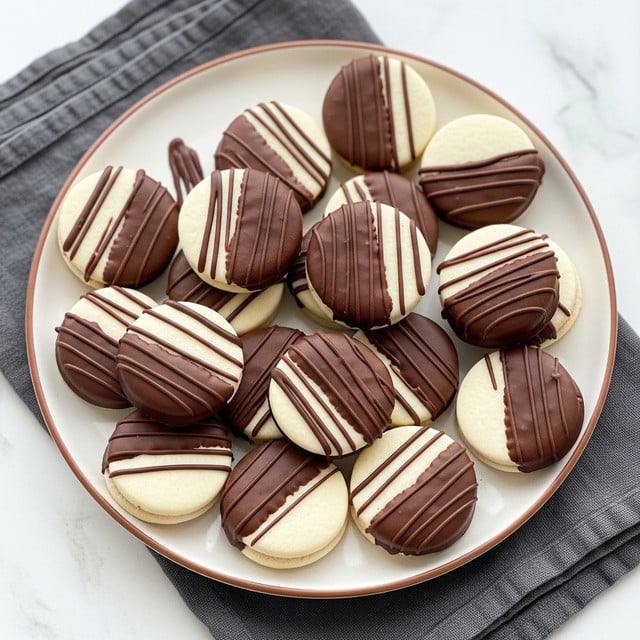 The image shows many round cookies on a white plate with a soft brown edge. Each cookie has two main layers: a smooth white base layer and a top layer that is either half dipped in dark brown chocolate or decorated with thin dark brown chocolate stripes across the top. The cookies are placed randomly, some overlapping. The plate is set on a white marbled surface with a folded dark gray cloth partly under the plate. The overall look is clean and neat with a mix of smooth and striped textures on the cookies. photo taken with an iphone --ar 4:5 --v 7
