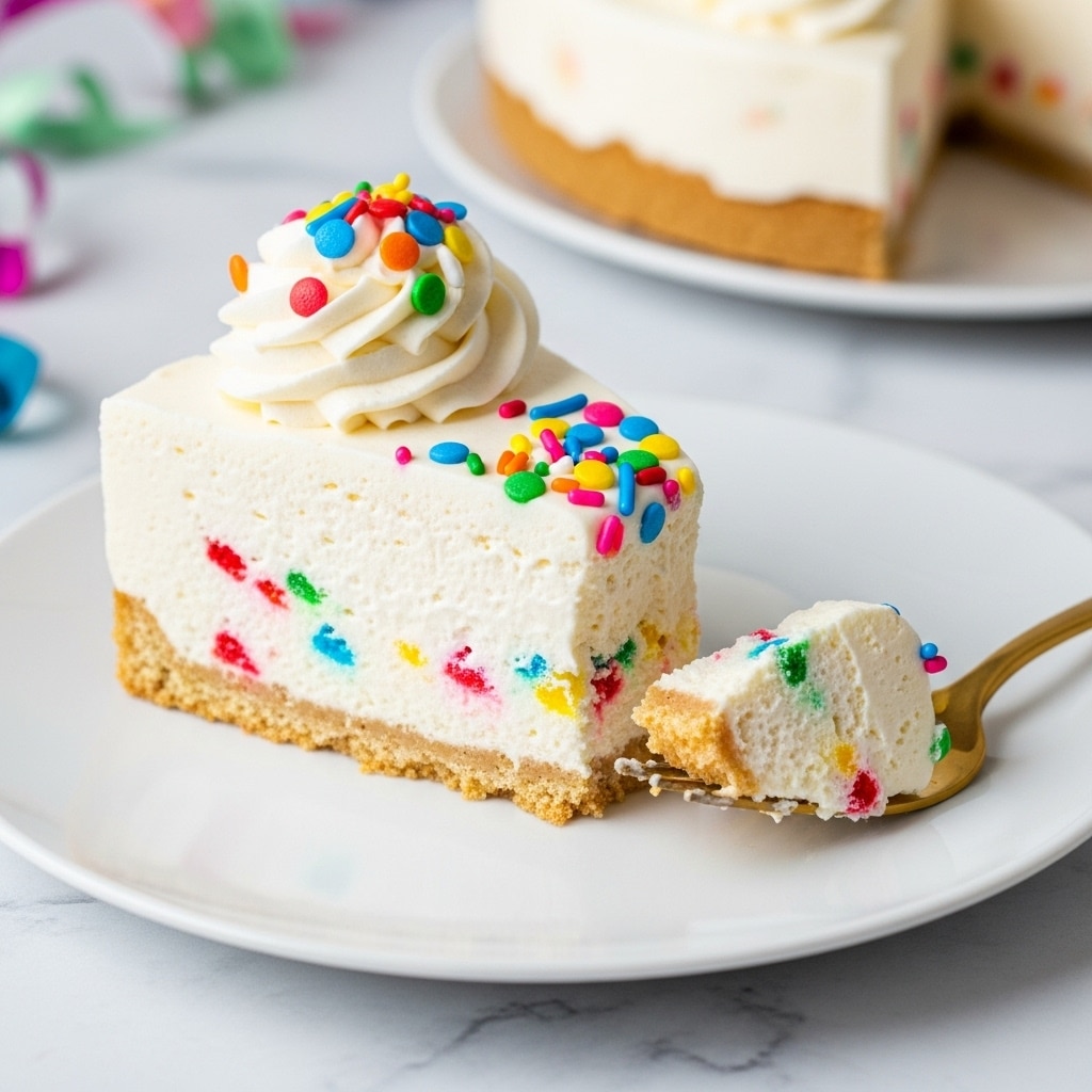 A slice of creamy birthday cake sits on a white plate with a crispy light brown crust layer at the bottom, topped with a thick, fluffy white cream layer that has red, blue, green, and yellow sprinkles mixed inside. On top of the cream layer is a small swirl of white whipped cream, decorated with colorful round sprinkles in red, yellow, green, blue, and orange. A golden fork next to the slice holds a bite-sized piece of the cake, also covered with the colorful sprinkles. The background shows a white marbled surface with blurred festive party decorations in green, blue, and yellow hues. photo taken with an iphone --ar 4:5 --v 7