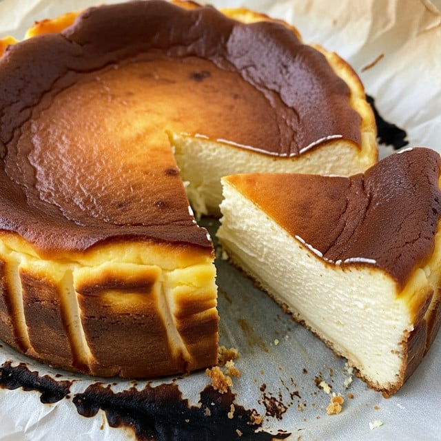 A round cheesecake with one slice partially pulled out, showing a thick creamy inner layer with a smooth texture and a golden-brown top that is slightly burnt in some spots, with edges that are puffed and browned unevenly, sitting on crumpled parchment paper that has dark burnt spots around the edges. The cheesecake appears dense and soft, with the brown top layer covering the entire surface, photo taken with an iphone --ar 4:5 --v 7