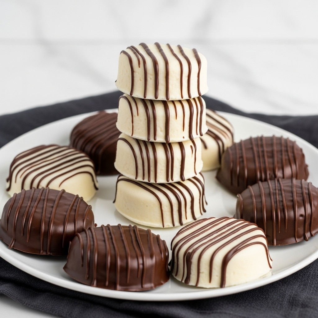 The image shows a stack of five round white treats with smooth texture, each decorated with thin dark chocolate drizzles flowing vertically down the sides. Around the stack, more round treats lie flat on a white plate; some are fully covered in dark brown chocolate on one side, while others have the same thin drizzle pattern on top. The plate rests on a soft dark cloth, and the background is a white marbled surface, giving a clean and bright feel. Photo taken with an iphone --ar 4:5 --v 7