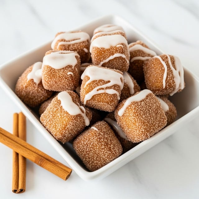 The image shows a white square bowl filled with about ten small square pieces of fried food coated in cinnamon sugar, creating a rough, grainy texture on their golden-brown surfaces. Each piece has a small upper layer of white icing drizzled unevenly, contrasting with the cinnamon sugar coating. The bowl sits on a white marbled surface with two cinnamon sticks placed diagonally at the bottom left corner, adding a warm brown tone to the scene. The overall look is warm and sweet, with a mix of textures from the crispy fried exterior and smooth icing on top. photo taken with an iphone --ar 4:5 --v 7