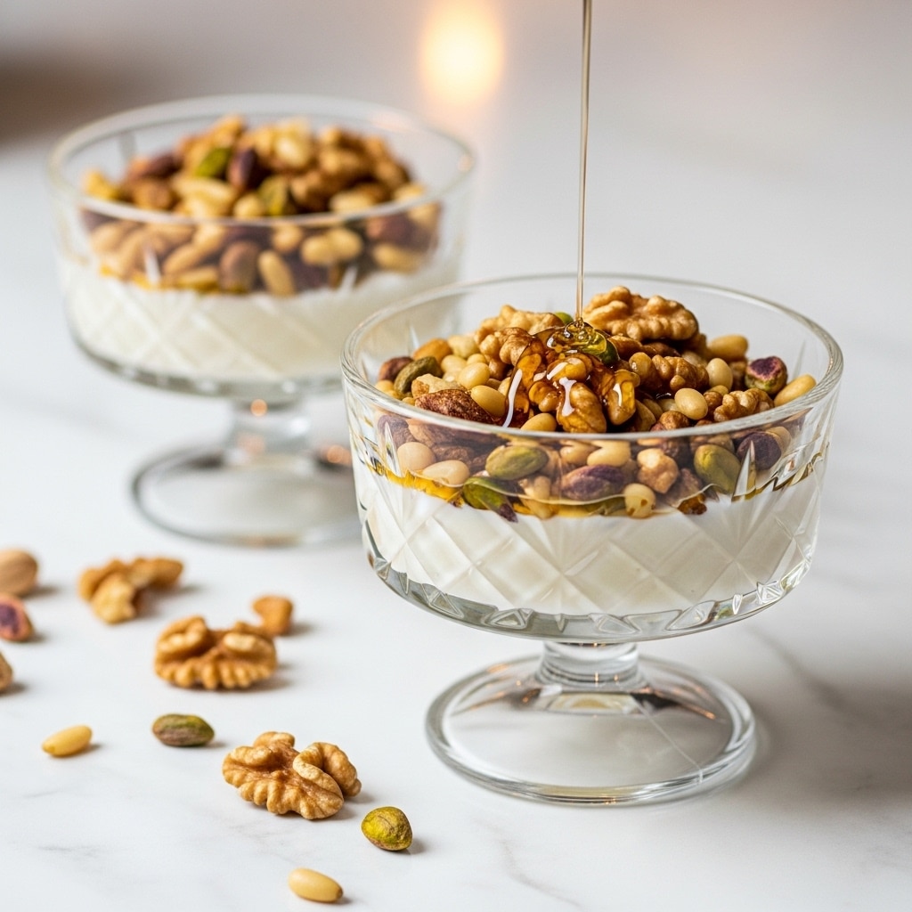 The image shows two clear, cut-glass dessert bowls placed on a white marbled surface. Each bowl has two layers: a thick white creamy base layer topped with a mix of chopped nuts, including walnuts, pine nuts, and pistachios, scattered evenly across the surface. A thin drizzle of syrup is being poured onto the nuts in the foreground bowl, creating a shiny glaze. Some nuts are also scattered around the bowls on the marbled surface. The background is softly blurred with warm lighting. photo taken with an iphone --ar 4:5 --v 7