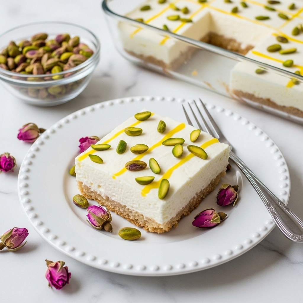 A square piece of white creamy dessert is placed on a white plate with a beaded edge, topped with scattered green pistachio slices and small yellow streaks, with a light brown crust visible at the bottom layer. Around the dessert are small dried pink rosebuds, and a silver fork rests beside it. In the background on a white marbled surface, there is a clear glass bowl filled with green pistachios and a glass baking dish containing more of the same dessert. photo taken with an iphone --ar 4:5 --v 7