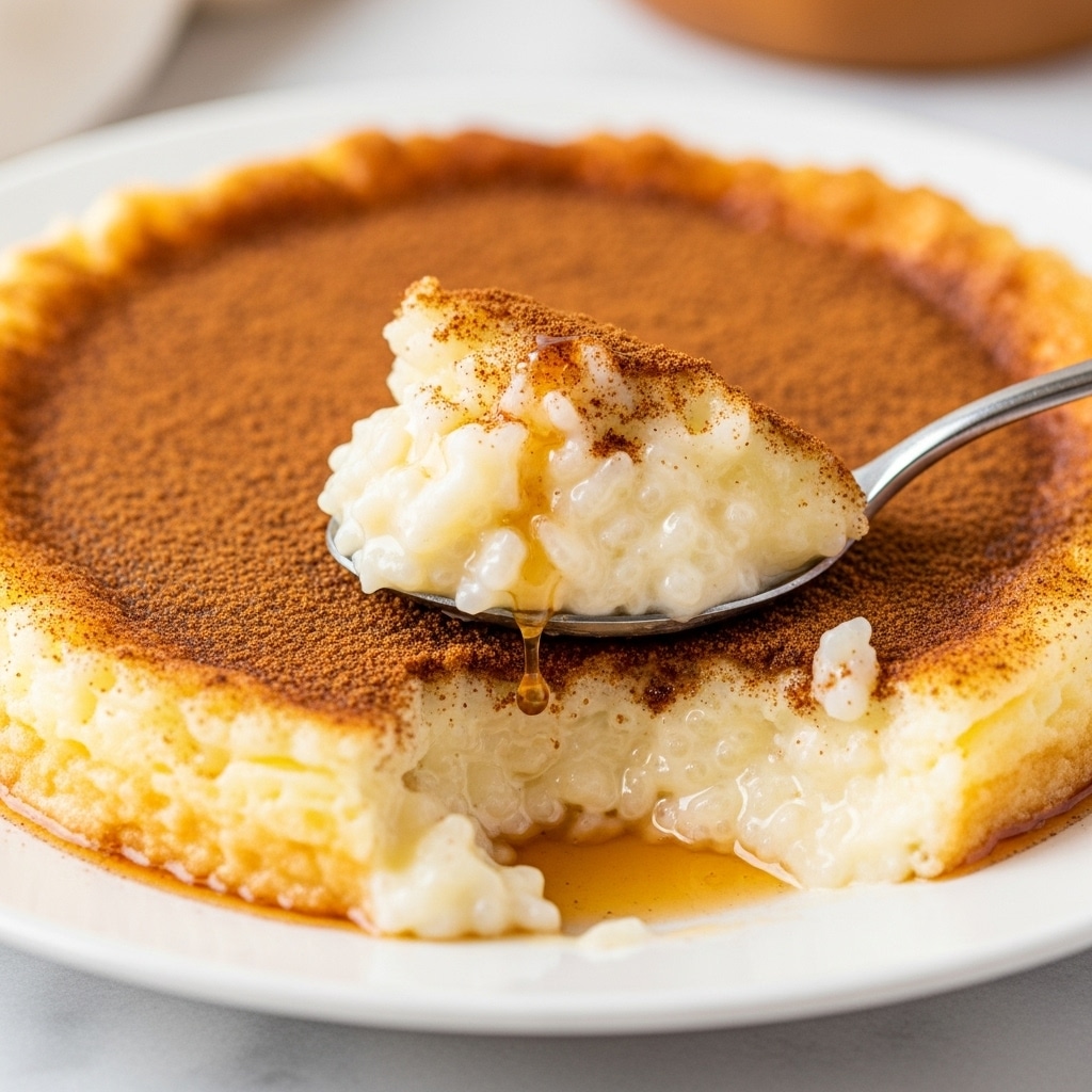 A close-up view shows a creamy rice pudding with a thick, crispy top layer of golden brown sprinkled with cinnamon, creating a textured crust. Below this layer, a smooth and soft white creamy rice fills the dish, with some melted syrup dripping gently over the top. A silver spoon is scooping into the pudding, pulling back a chunk with the crispy cinnamon layer on top and a creamy inside. The dish is in a white plate that contrasts with the warm colors of the pudding, all set on a white marbled surface with a softly blurred warm background. Photo taken with an iphone --ar 4:5 --v 7