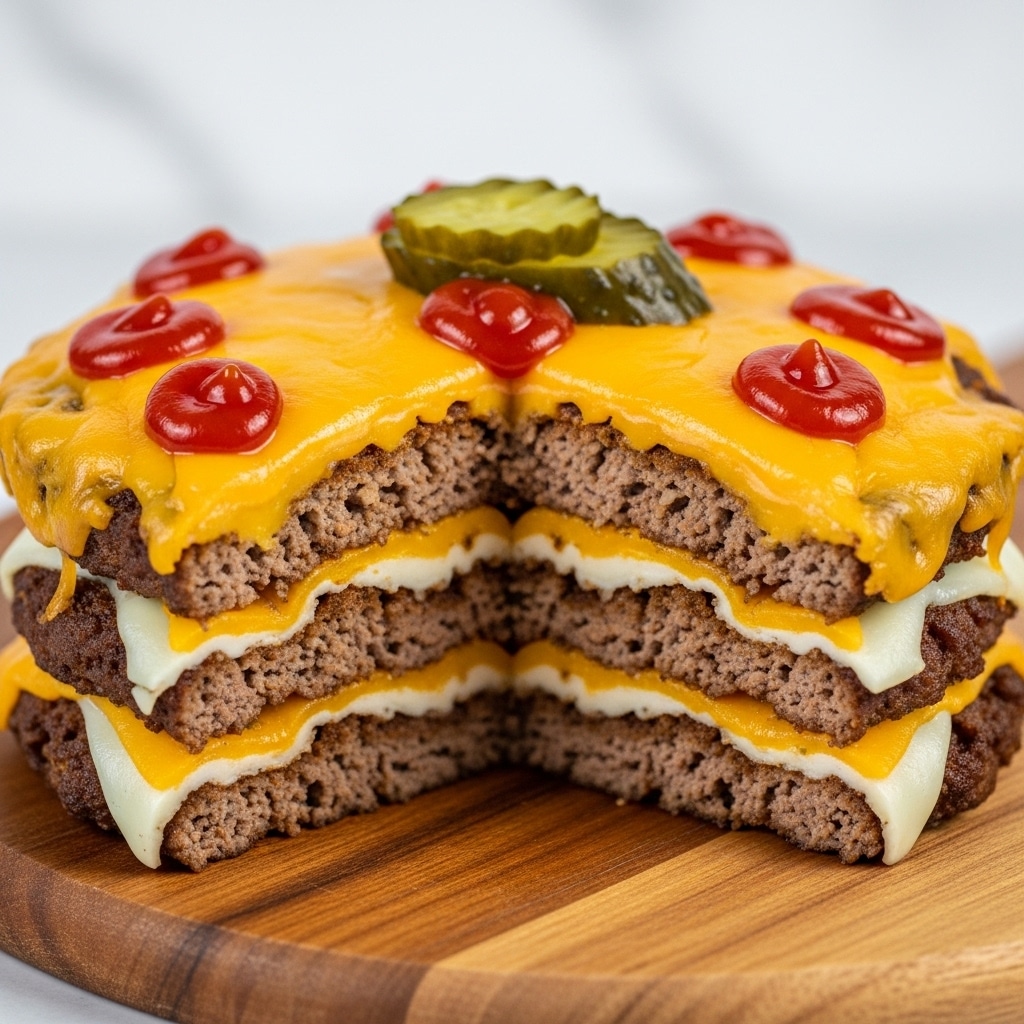 A close-up of a thick, three-layered cheeseburger casserole on a wooden cutting board, each layer separated and stacked with crumbled cooked ground beef alternated with melted white and yellow cheese; the top layer is covered with a melted yellow cheddar cheese blanket, decorated with dollops of bright red ketchup and a single green pickled cucumber slice sitting on the forefront piece, showing the gooey melted cheese and juicy beef texture, all resting on a white marbled surface; photo taken with an iphone --ar 4:5 --v 7