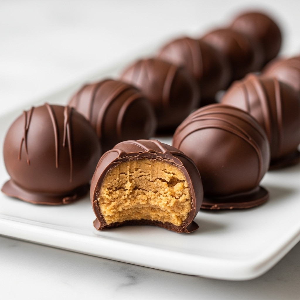 The image shows a neat row of round chocolate-coated treats placed on a white plate set on a white marbled surface. Each treat has a smooth, shiny dark brown chocolate outer layer with a slightly glossy texture. The front left treat is bitten, revealing a dense, crumbly peanut butter-colored filling inside, creating a clear two-layer composition. The chocolate shell is thin but solid, and the filling is creamy and textured. The treats are arranged in two lines, with the sharp focus on the front and a soft blur towards the back. Photo taken with an iphone --ar 4:5 --v 7