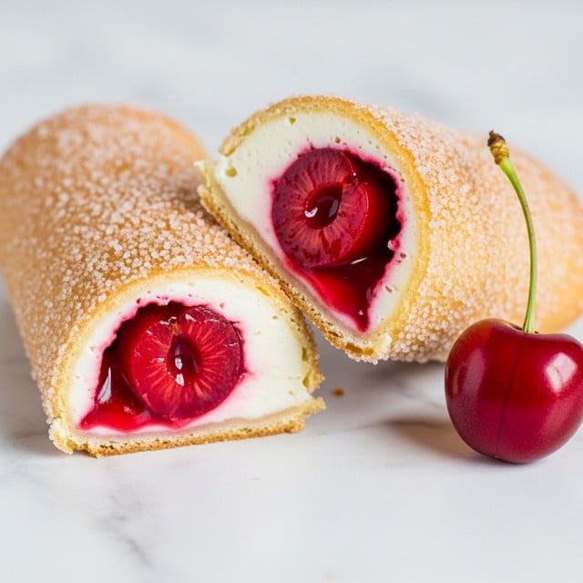 Two crepes folded into cones sit on a white plate on a white marbled surface. Each crepe has a light golden-brown spotted texture on the outside and is dusted with powdered sugar. Inside, the crepes are filled with a smooth, white whipped cream layer at the bottom, topped with a thick, glossy layer of bright red, whole cherry compote. The crepes are garnished on top with thin, light brown almond slices. Photo taken with an iphone --ar 4:5 --v 7