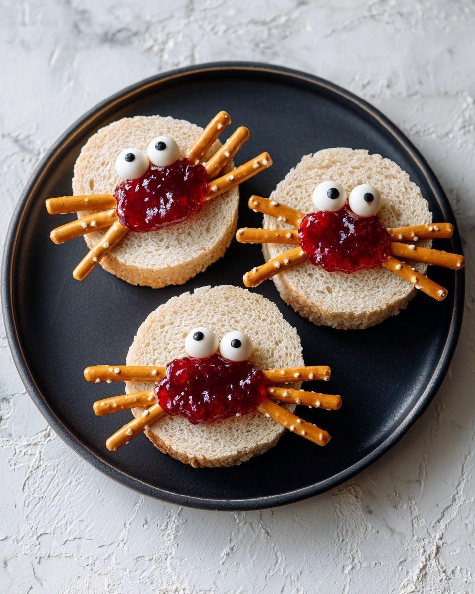 The image shows three round slices of white bread on a dark plate, each decorated like little crabs. Each slice has a red jam layer spread in the middle near the top to mimic the crab's face. Two white candy eyes with black centers are placed directly on the jam for the eyes. Pretzel sticks are arranged on both sides of the jam as the crab’s legs, with three sticks angled down and one longer stick stretching out on each side. The bread looks soft and light brown on the edges with a textured surface. The plate is placed on a white marbled textured surface. Photo taken with an iphone --ar 4:5 --v 7