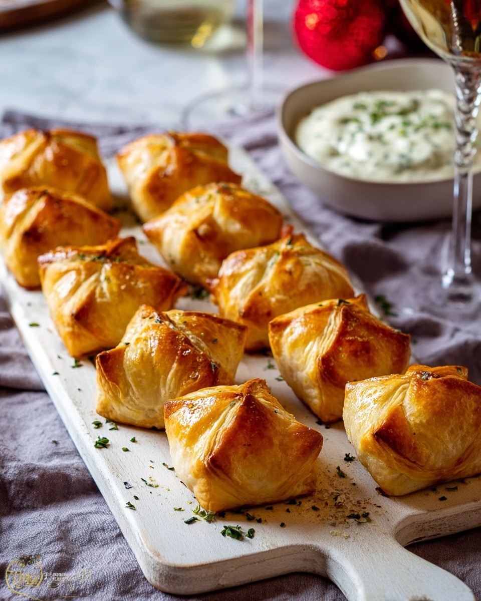 A golden brown puff pastry square with crimped edges is being held by a woman's hand and dipped into a small round black bowl filled with creamy beige sauce with visible pepper specks; the bowl sits on a wooden board surrounded by several more golden puff pastries with crispy, flaky layers and slightly shining surfaces, all set on a white marbled texture background. photo taken with an iphone --ar 4:5 --v 7