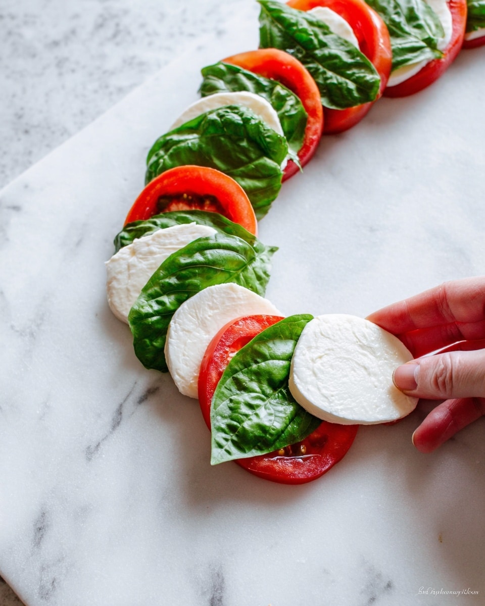 A row of eight sets of layers arranged in a curved line on a white marbled surface, each set made of three layers: a bright red tomato slice on the bottom, a fresh green basil leaf in the middle, and a soft white mozzarella slice on top. A woman's hand is placing the last white mozzarella slice on the set closest to the bottom right corner of the image, showing clear texture and round shape. The colors are vivid, and the ingredients look fresh and moist. photo taken with an iphone --ar 4:5 --v 7