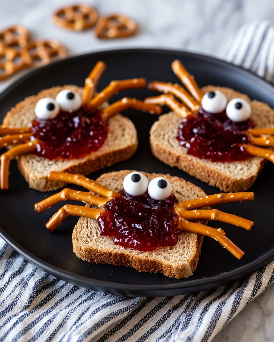 Three round slices of light brown bread sit on a black plate, each topped with a thick layer of dark red jelly in the center. Six short, thin, brown pretzel sticks radiate from the jelly on each slice, three on each side, looking like crab legs. Two small white round candies are placed on the jelly as eyes for each crab shape. The plate rests on a white marbled surface with a striped cloth partially visible underneath. Photo taken with an iphone --ar 4:5 --v 7