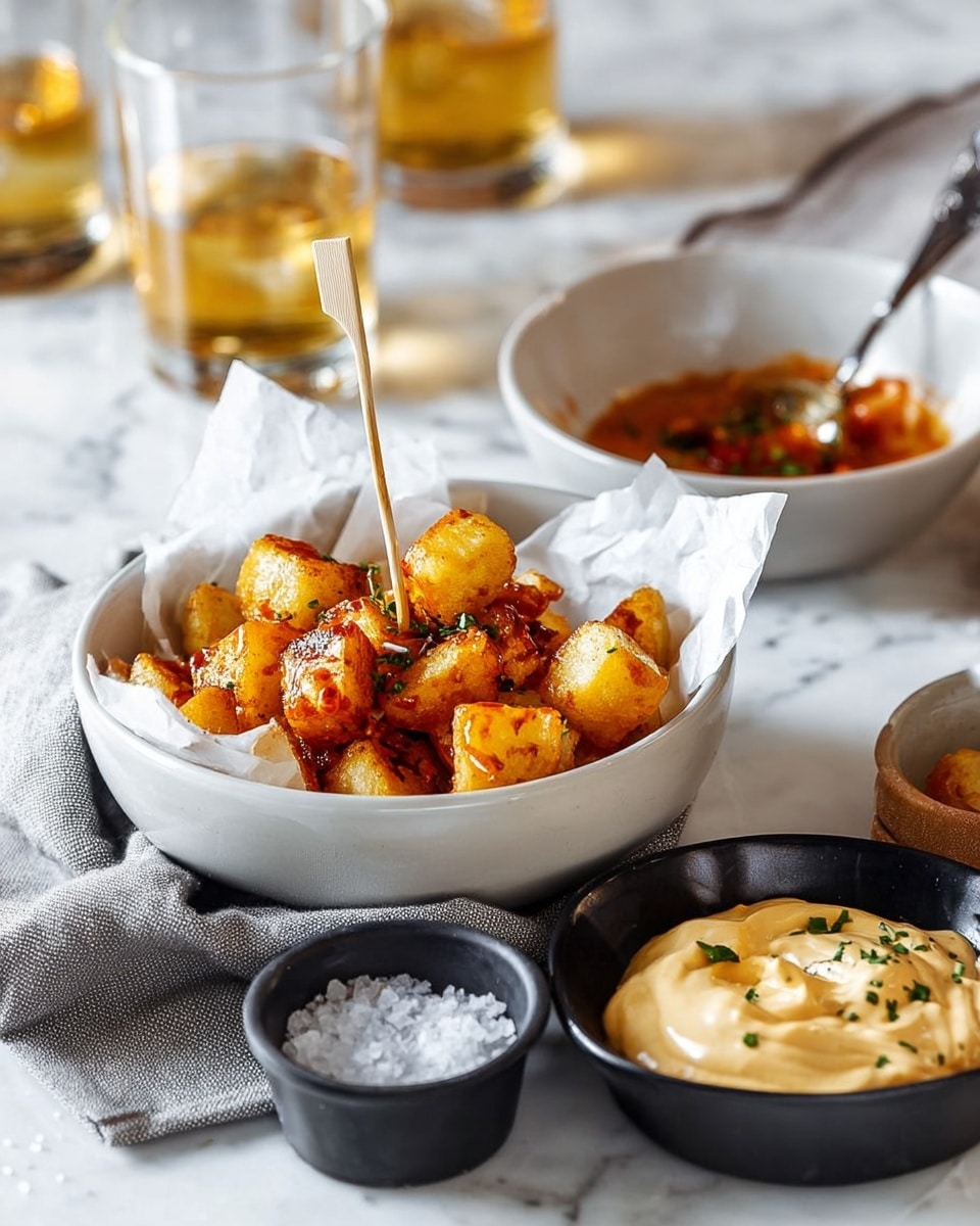 A white bowl lined with white paper napkins holds golden, cube-shaped fried potatoes topped with a reddish-brown sauce and sprinkled with small green herb bits. A wooden toothpick sticks up from the center. In front of the bowl, there are two small black bowls, one filled with coarse white salt flakes and the other with a creamy pale yellow sauce. Behind the bowl, a matching white bowl contains more reddish-brown sauce with a metal spoon inside. The scene is set on a white marbled surface with two glasses of golden liquid in the blurred background, alongside a gray cloth napkin draped casually beside the bowl. Photo taken with an iphone --ar 4:5 --v 7
