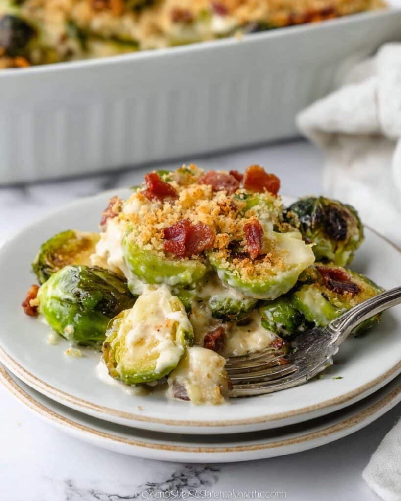 Brussels Sprout Casserole with Bacon, Gruyere, and Crispy Cracker Topping Recipe
